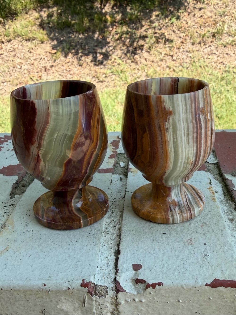 Pair of Hand-carved Banded Onyx Wine Goblets